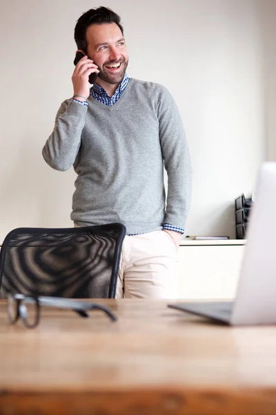 Portrait Happy Man Talking Mobile Phone Business Office — Stock Photo, Image