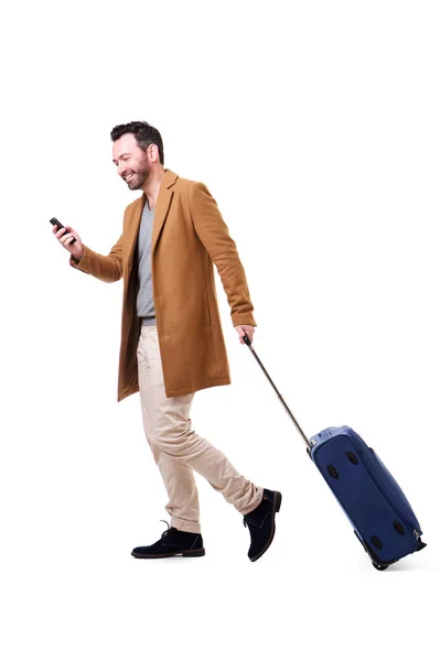 Retrato Del Hombre Moda Que Viaja Con Maleta Teléfono Móvil — Foto de Stock