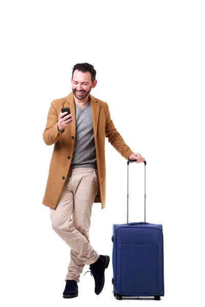 Retrato Larga Duración Del Viajero Masculino Pie Con Teléfono Móvil — Foto de Stock