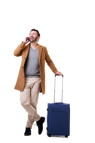 Full Length Portrait Male Traveler Talking Mobile Phone White Background — Stock Photo, Image