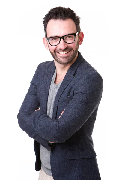 Retrato Hombre Guapo Mediana Edad Con Gafas Posando Sobre Fondo —  Fotos de Stock