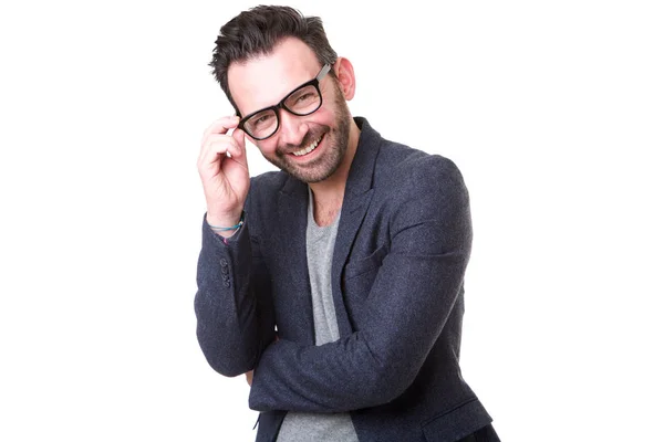 Retrato Atractivo Hombre Mediana Edad Con Gafas Sonriendo Sobre Fondo —  Fotos de Stock
