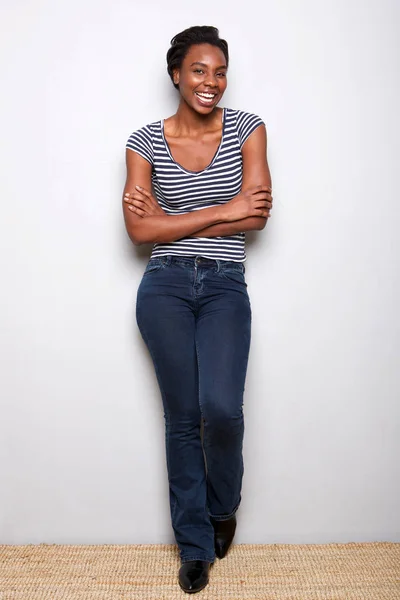 Full Length Portrait Tall Black Woman Standing Arms Crossed Laughing — Stock Photo, Image