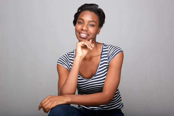 Portrait Beautiful Woman Sitting Hand Chin — Stock Photo, Image