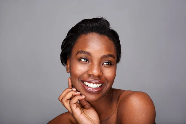 Close Portrait Smiling Black Woman Hand Face Bare Shoulders — Stock Photo, Image