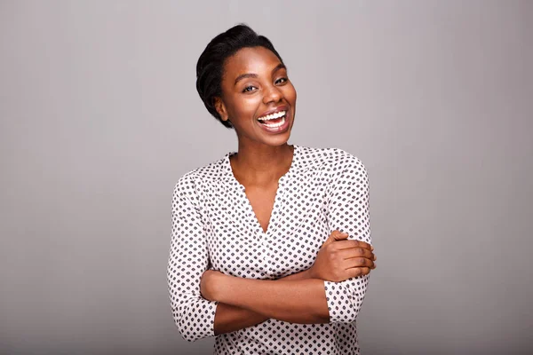 Portrait Fashionable Woman Laughing Standing Arms Crossed — Stock Photo, Image