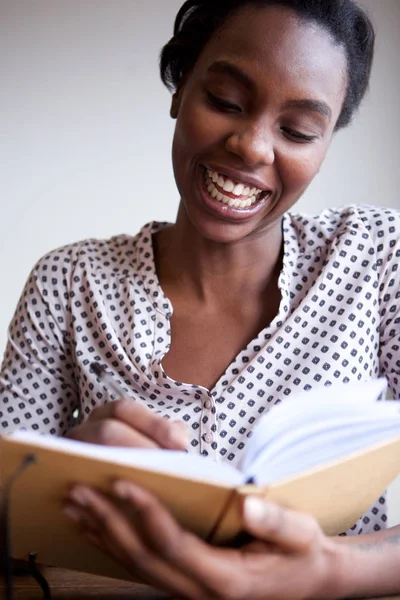 Close Portrait Happy Black Female Author Home Writing Notebook — Stock Photo, Image