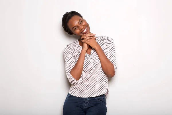 Porträt Einer Lachenden Schwarzen Frau Mit Den Händen Vor Dem — Stockfoto