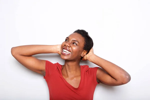 Primer Plano Retrato Mujer Negra Feliz Riendo Con Las Manos —  Fotos de Stock