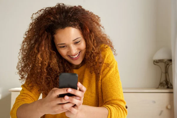 Close Portrait Happy Young Mixed Race Woman Smiling Looking Mobile — Stock Photo, Image