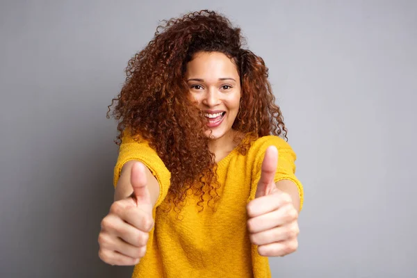 Portrait Cheerful Young Woman Thumbs Gray Background — Stock Photo, Image