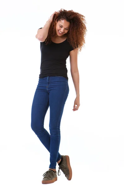 Full Body Portrait Happy Young Woman Hand Curly Hair Standing — Stock Photo, Image
