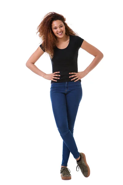 Full Length Portrait Young Woman Smiling Isolated White Background — Stock Photo, Image