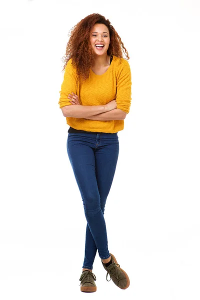 Full Body Portrait Smiling Young Woman Curly Hair Standing Isolated — Stock Photo, Image