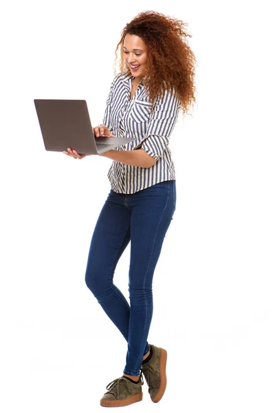 Full Body Portrait Happy Woman Isolated White Background Holding Laptop — Stock Photo, Image