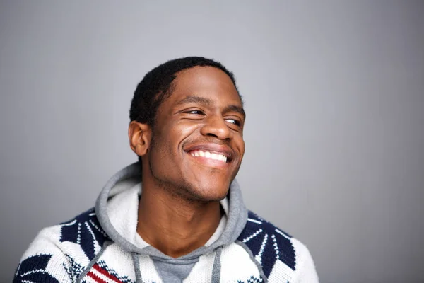 Close Horizontal Portrait Young African American Man Laughing Gray Background — Stock Photo, Image