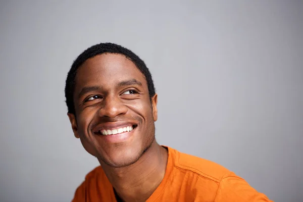 Close Portrait Happy African Man Smiling Looking Gray Background — Stock Photo, Image