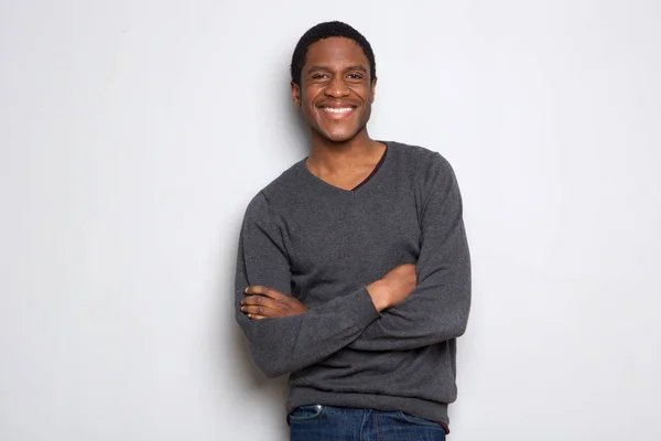 Portrait Confident Young African American Man Smiling Arms Crossed White — Stock Photo, Image