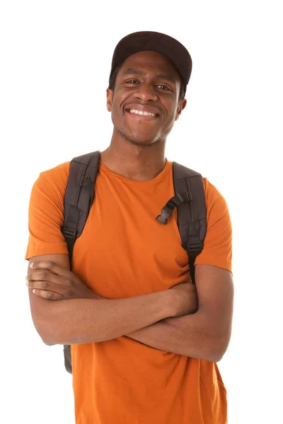 Portrait Young African American Man Smiling Hat Backpack Isolated White — Stock Photo, Image