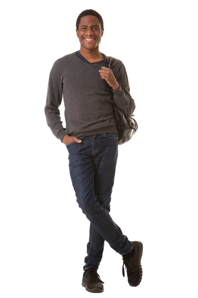 Full Length Portrait Handsome Young Black Man Smiling Bag Isolated — Stock Photo, Image