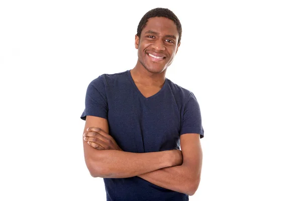 Portrait Happy Black Man Smiling Arms Crossed Isolated White Background — Stock Photo, Image
