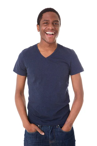 Πορτρέτο Του Νεαρός Αφρικανική Αμερικανική Άνθρωπος Που Γελώντας Απομονωμένες Λευκό — Φωτογραφία Αρχείου