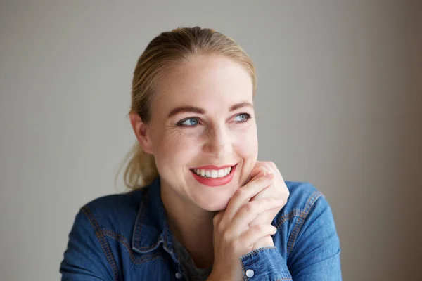 Close Portrait Happy Young Blond Woman Looking Away — Stock Photo, Image