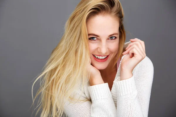 Close Portrait Happy Young Blond Woman White Cardigan — Stock Photo, Image