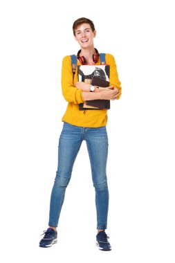 Mutlu genç kadın çantası ve Kitaplar izole beyaz arka plan ayakta tam uzunlukta portresi