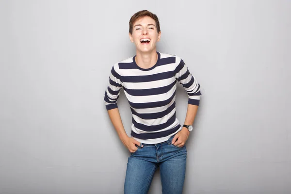 Portrait Happy Young Woman Laughing Gray Wall — Stock Photo, Image