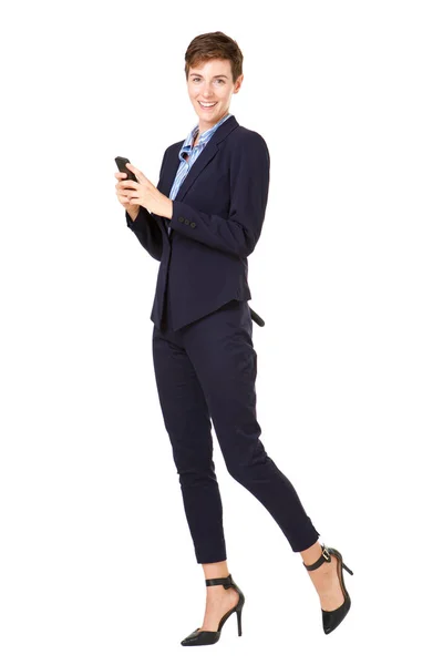 Full Body Portrait Businesswoman Formal Suit Smiling Mobile Phone Isolated — Stock Photo, Image