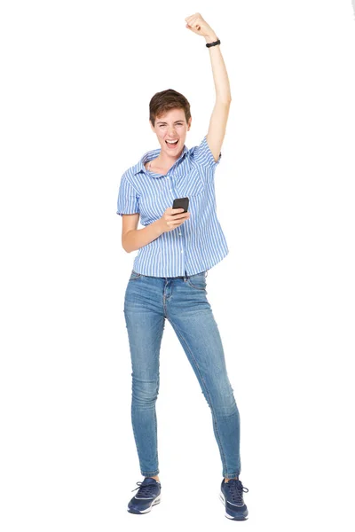 Pełna Długość Portret Szczęśliwy Młoda Kobieta Cellphone Doping — Zdjęcie stockowe