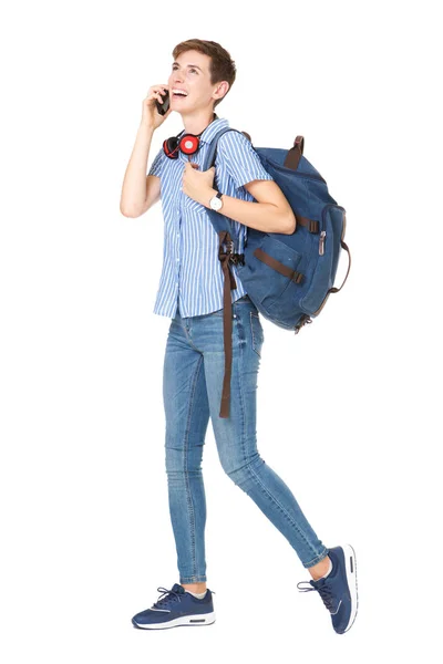 Ganzkörperporträt Einer Jungen Frau Die Mit Handy Und Tasche Auf — Stockfoto