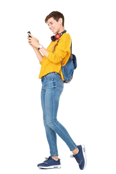 Full Length Side Portrait Happy Young Woman Walking Looking Mobile — Stock Photo, Image