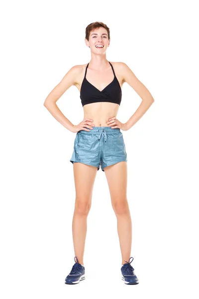 Full Body Portrait Smiling Exercise Woman Standing Isolated White Background — Stock Photo, Image