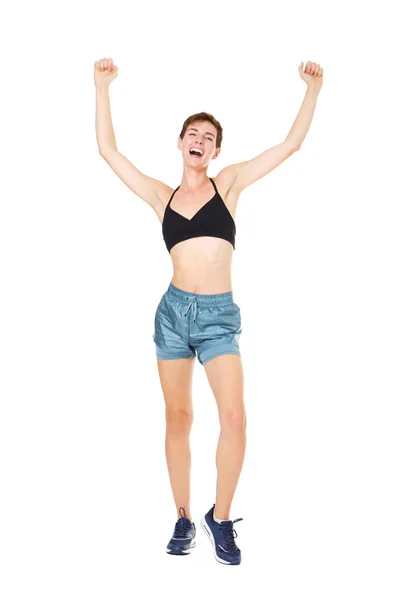 Retrato Comprimento Total Feliz Jovem Mulher Exercício Com Braços Levantados — Fotografia de Stock