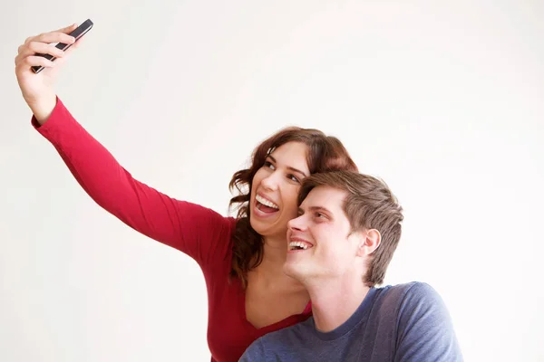 Portrait Happy Boyfriend Girlfriend Taking Selfie Mobile Phone — Stock Photo, Image