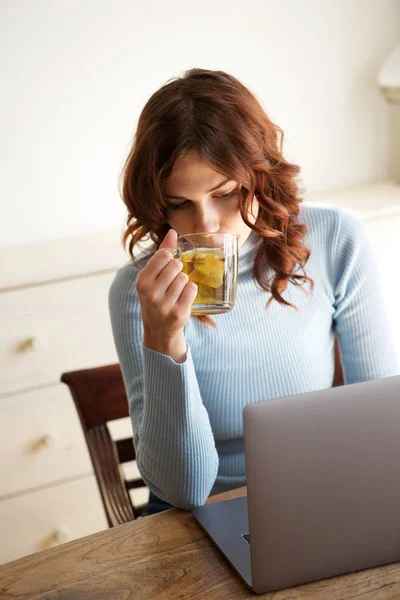ラップトップ コンピューターで作業しながらお茶を飲む若い女性の肖像画 — ストック写真