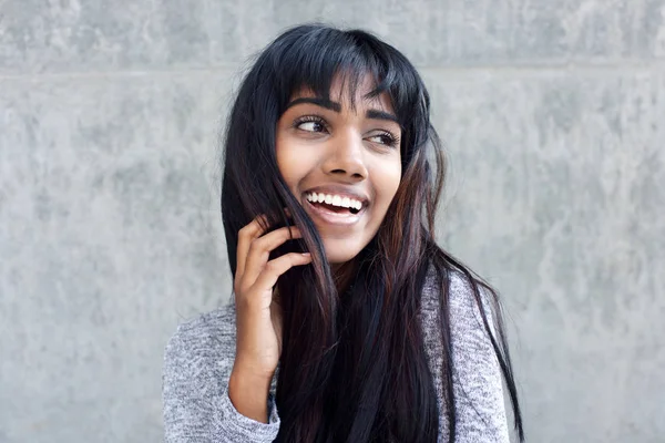 Close Portrait Young Indian Woman Laughing Hand Hair — Stock Photo, Image