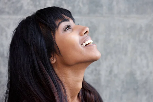 Close Profile Portrait Young Indian Woman Laughing Looking — Stock Photo, Image