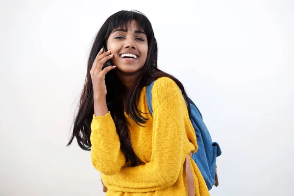Portrait Happy Young Indian Woman Laughing Talking Cellphone Isolated White — Stock Photo, Image