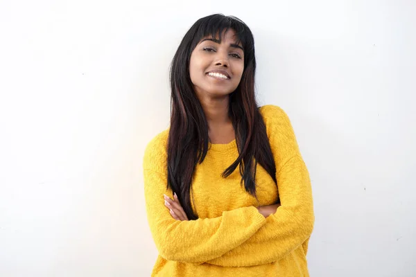 Retrato Una Atractiva Joven India Sonriendo Sobre Fondo Blanco Aislado — Foto de Stock