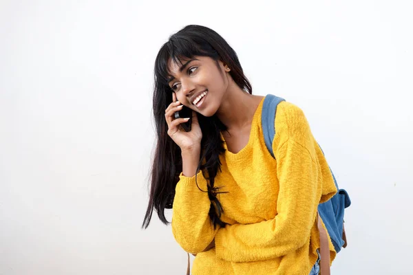 Portrait Young Indian Woman Laughing Talking Cellphone Isolated White Background — Stock Photo, Image