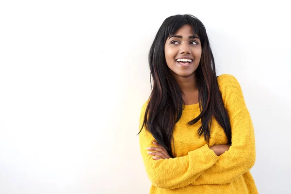 Retrato Atractiva Joven India Sonriendo Mirando Espacio Copia Aislado Fondo — Foto de Stock