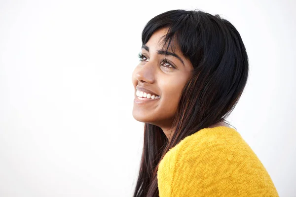 Close Side Portrait Cheerful Young Indian Woman Isolated White Background — Stock Photo, Image