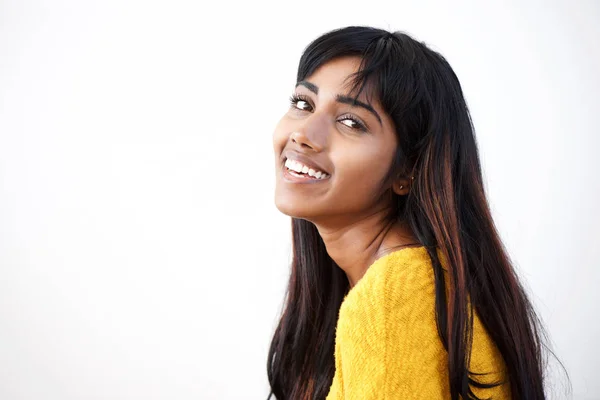 Close Side Portrait Young Indian Woman Smiling Isolated White Background — Stock Photo, Image