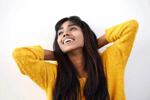 Close Portrait Young Indian Woman Laughing Hands Head White Background — Stock Photo, Image