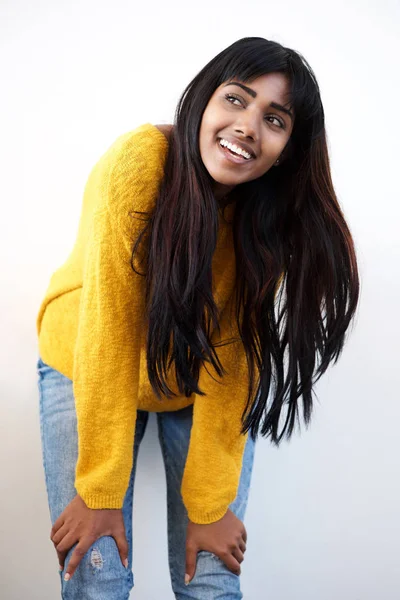 Portrait Attractive Young Indian Woman Smiling Hands Knee White Background — Stock Photo, Image