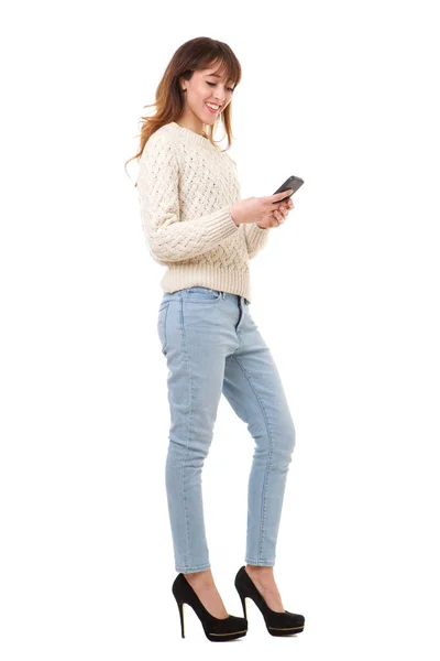 Full Length Portrait Smiling Young Woman Holding Cellphone Isolated White — Stock Photo, Image