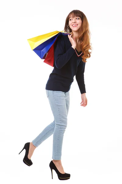 Full Body Side Portrait Happy Young Woman Walking Isolated White — Stock Photo, Image